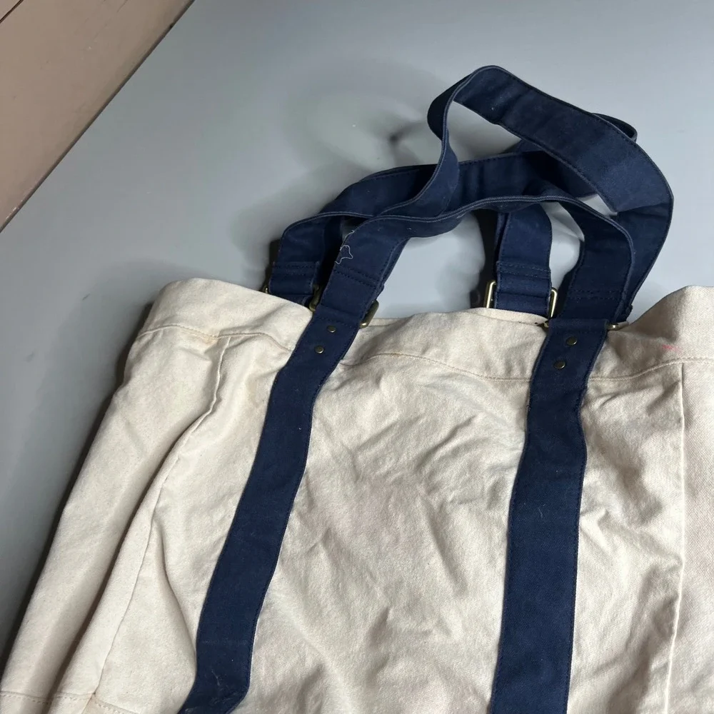 J.Crew Canvas Tote Bag Cream Navy Blue AH604 Large Travel Beach Carryall